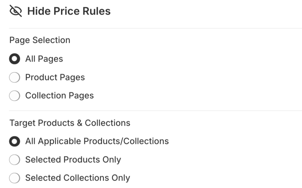 Set the hide price rules from the app dashboard
