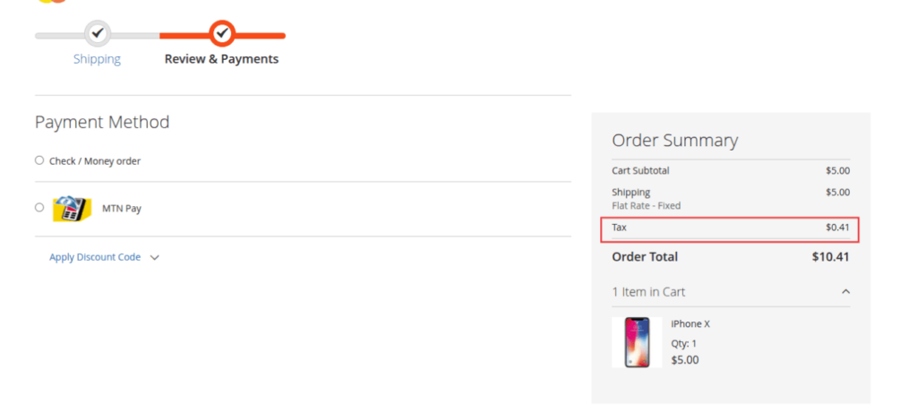 Tax applied at Magento 2 checkout