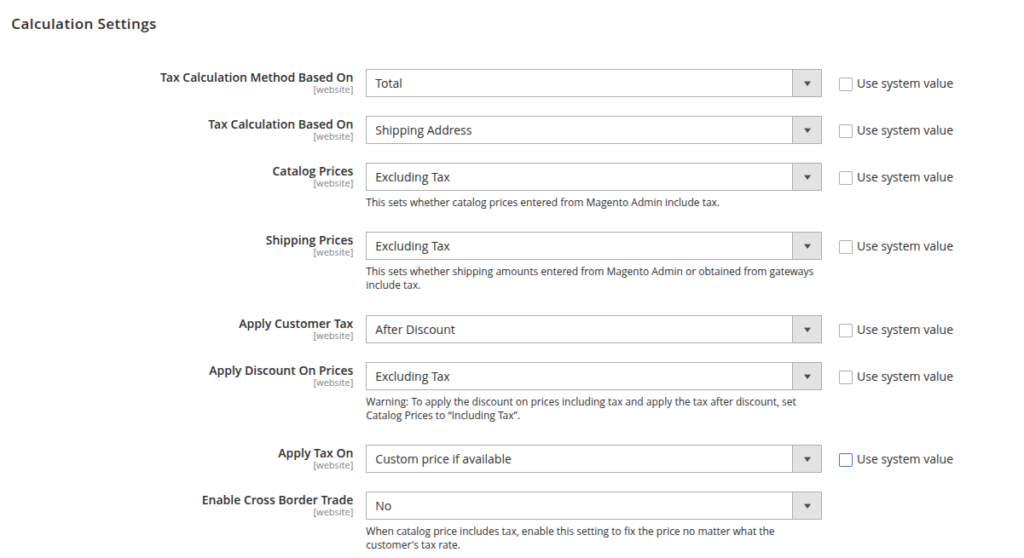 Tax calculation settings