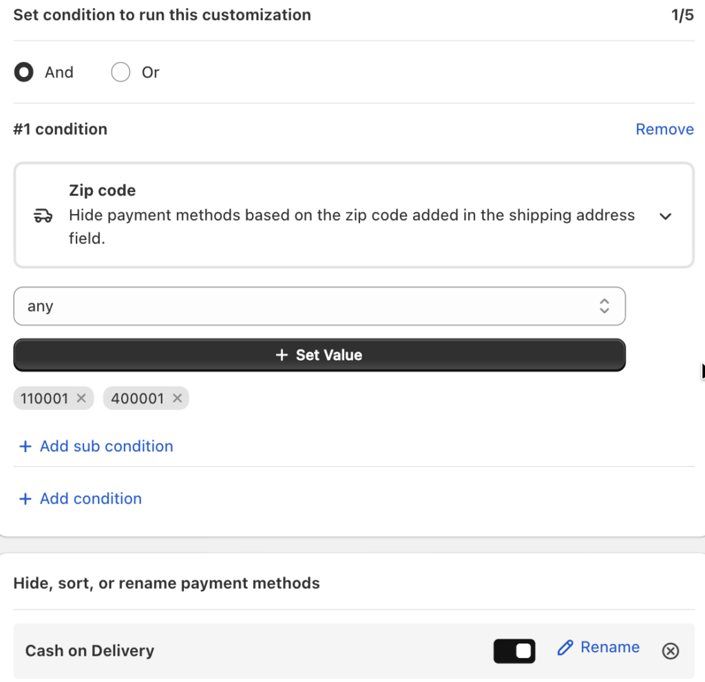 Zip codes to exclude payment method in Shopify