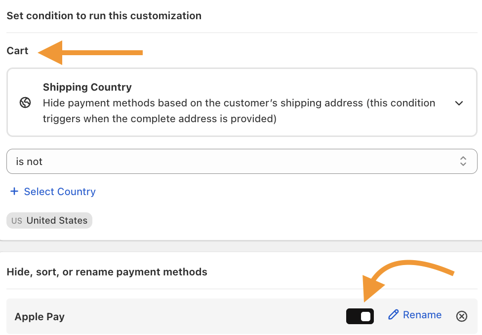 Toggle the switch to hide the payment method.