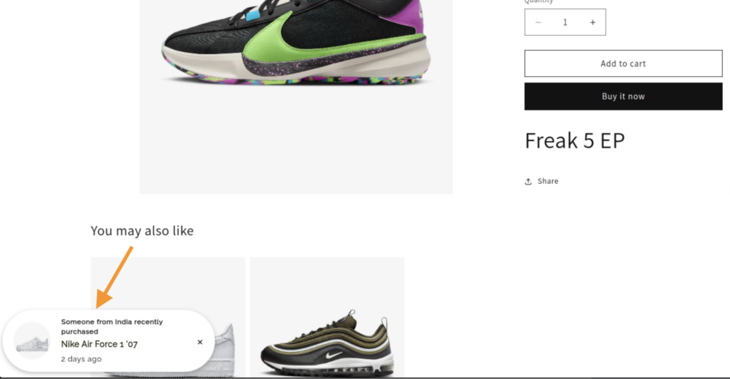 Preview of recent sales popup using Shopify app