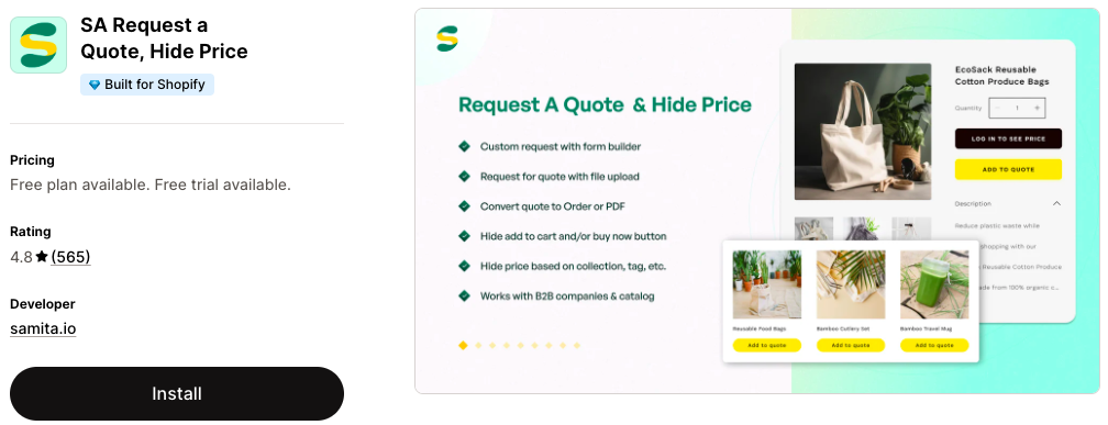 SA Request a Quote, Hide Price