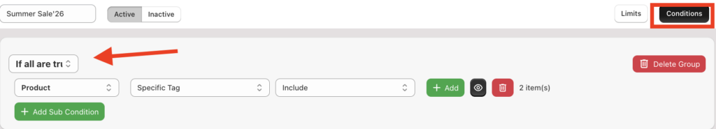 Set Cart Subtotal Conditions 