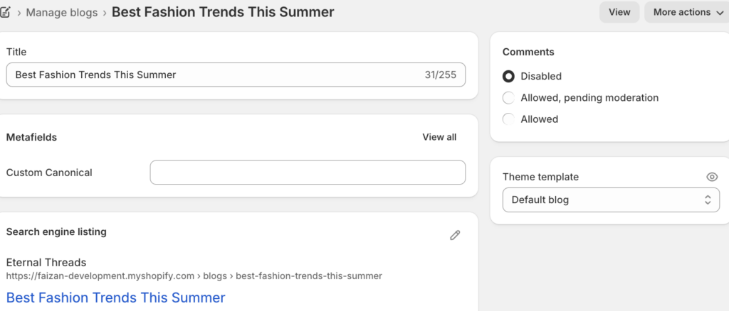 Click Add blog and write the Title. Choose template & edit SEO details