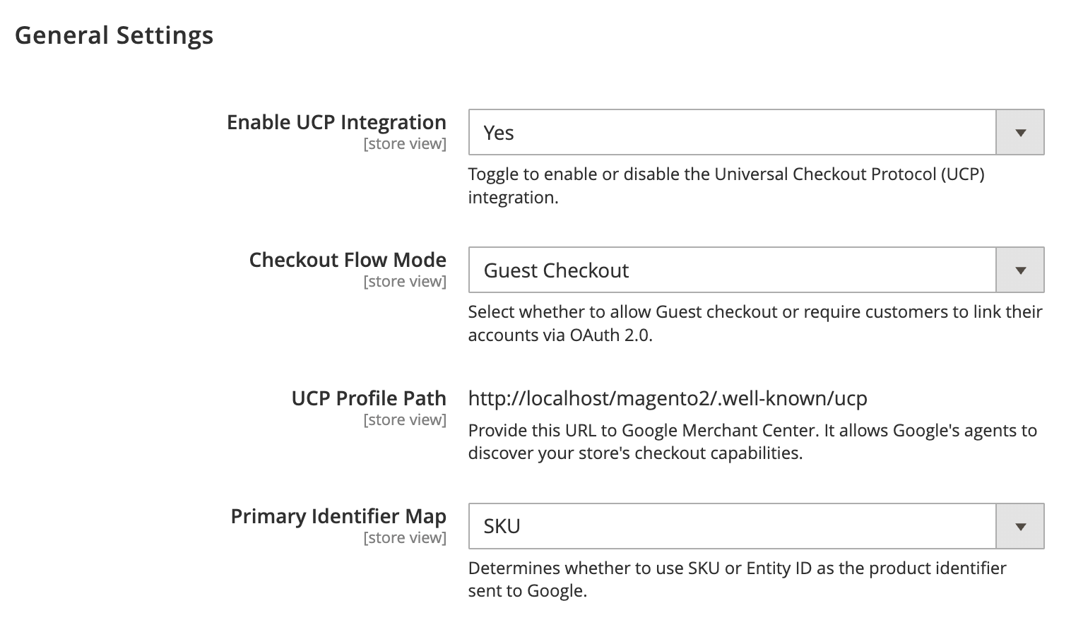 The Google UCP Checkout configuration screen in Magento 2, showing the settings for Enable UCP Integration and Product Identifier Map.