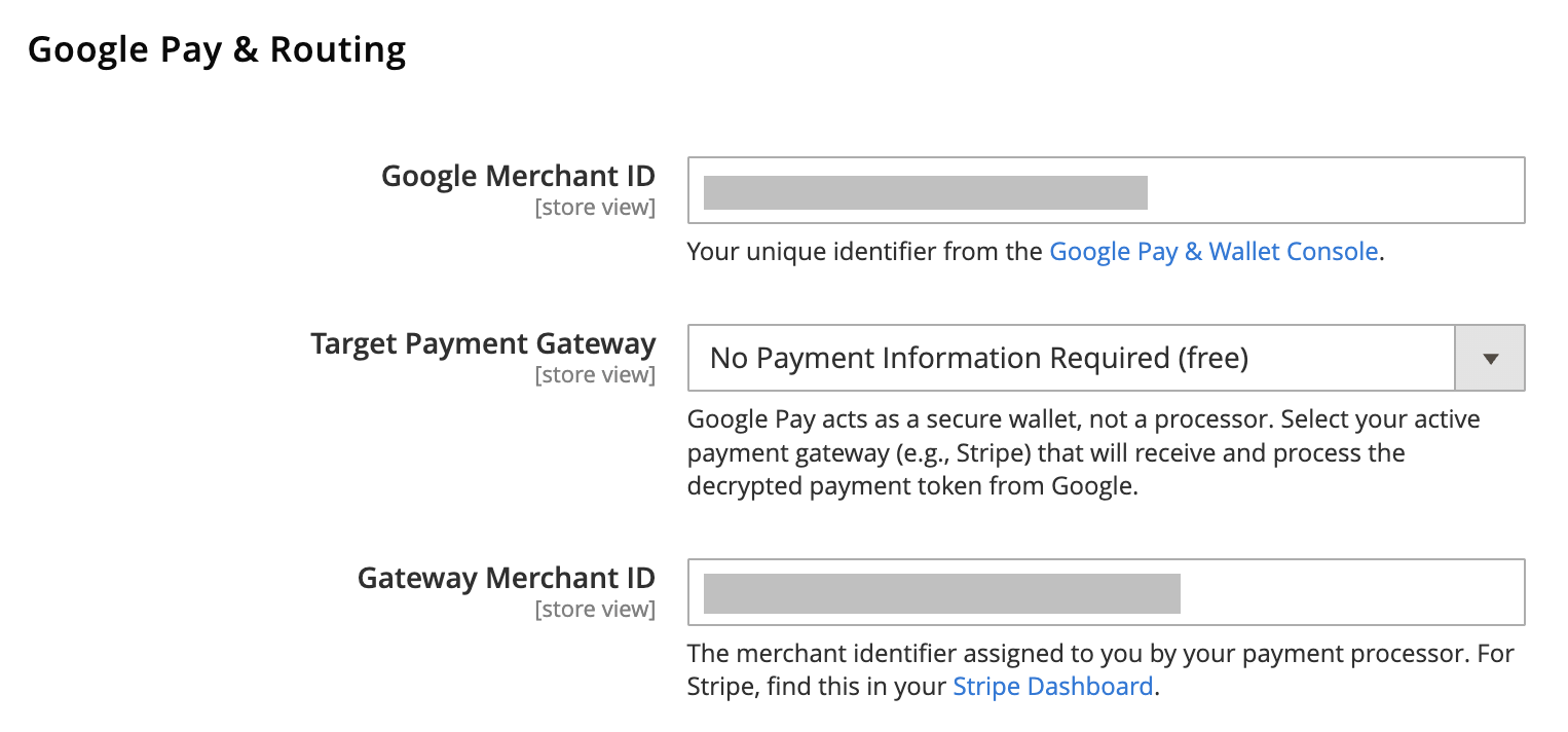 The Google UCP Checkout payment routing settings in Magento 2, including fields for Google Merchant ID, Target Payment Gateway, and Gateway Merchant ID.