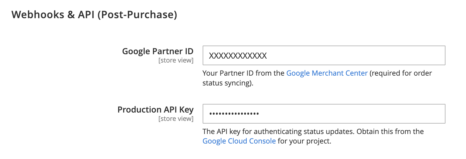 The Google UCP Checkout Webhooks & API settings in Magento 2, showing the Google Partner ID and Production API Key fields.