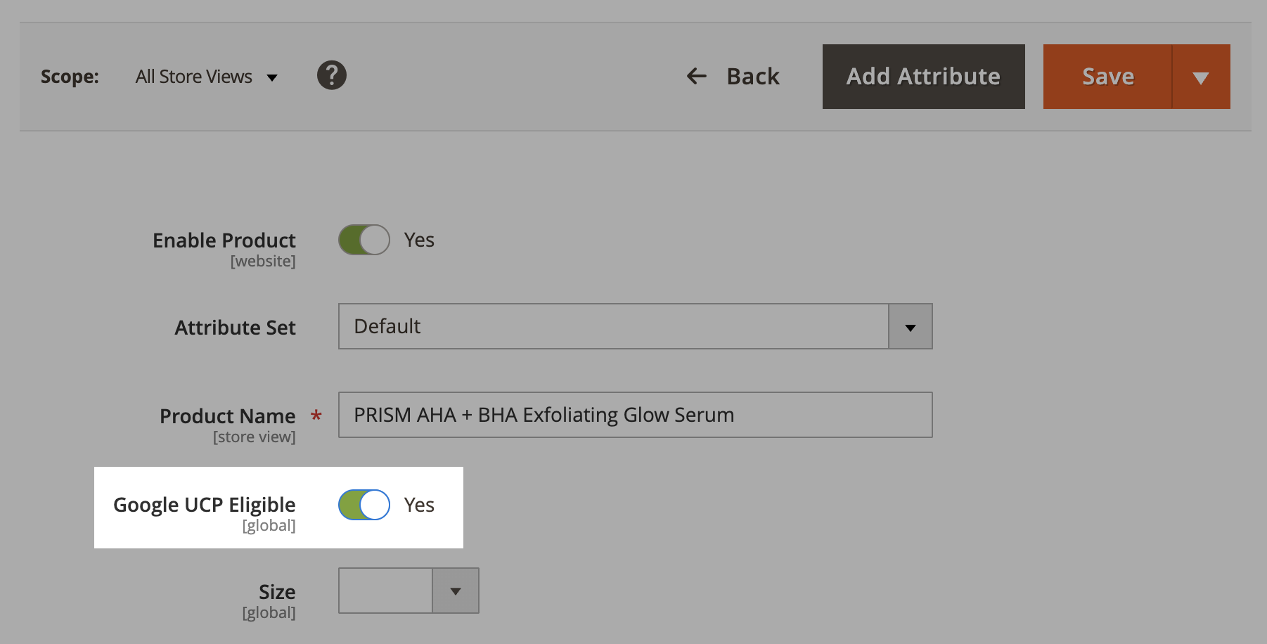 The Magento 2 product edit page, showing the Google UCP Eligible attribute within the General group.
