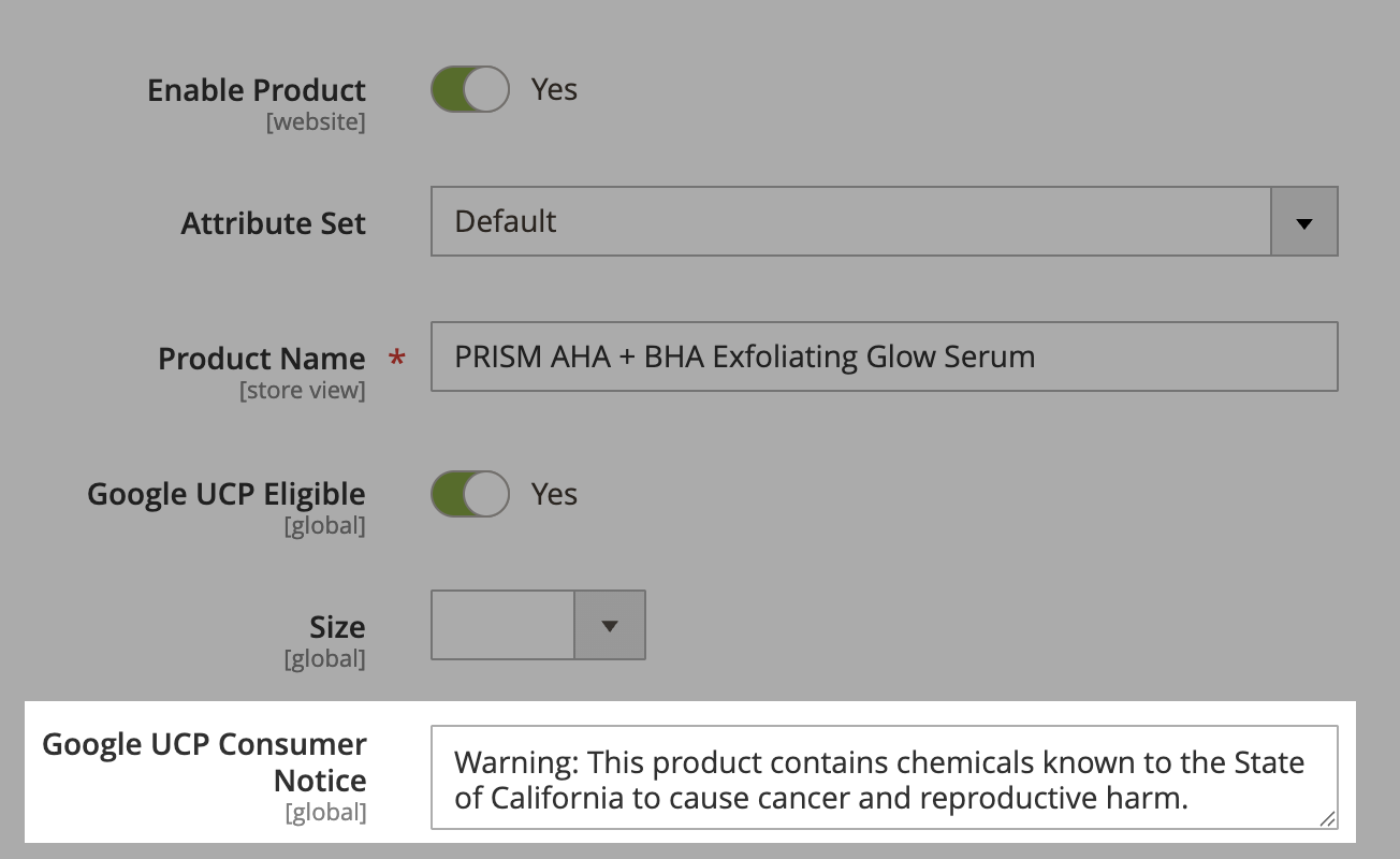 The Magento 2 product edit page, showing the dedicated field for the Google UCP Consumer Notice.