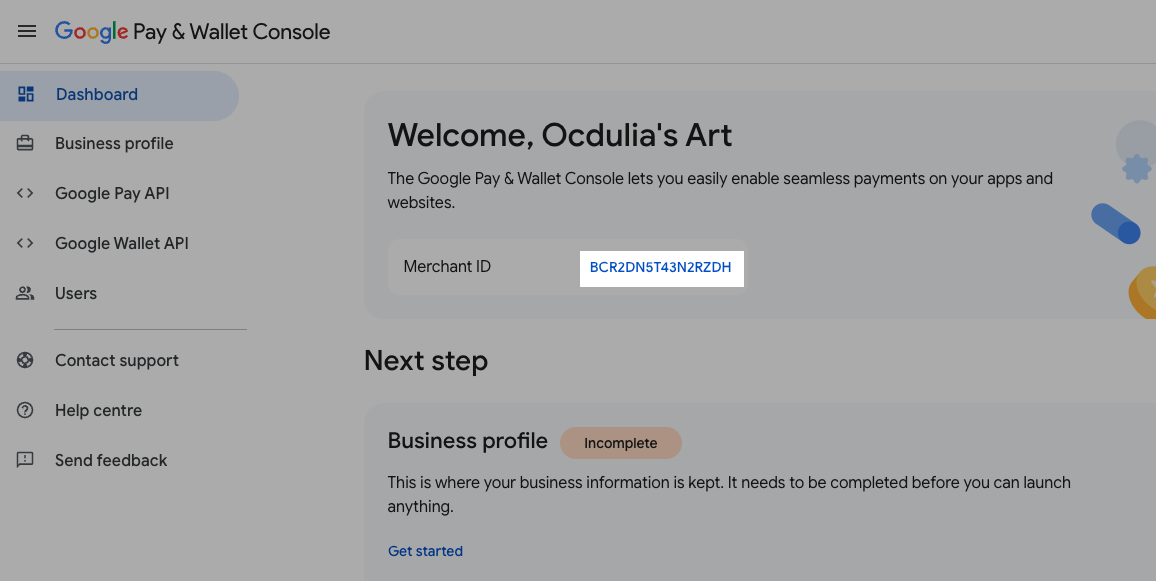 A screenshot of the Google Pay & Wallet Console interface, highlighting where to find the Merchant ID.