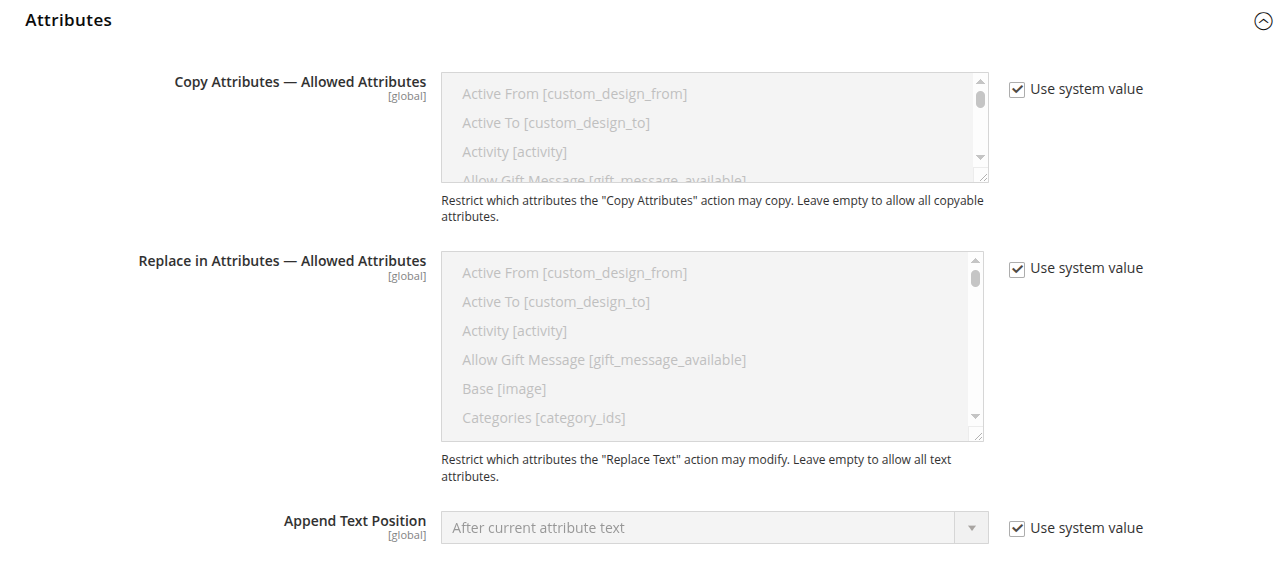 Attributes Configuration Settings