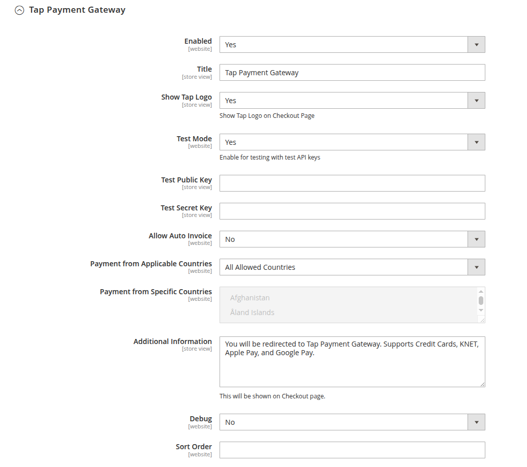 Tap Configuration Settings