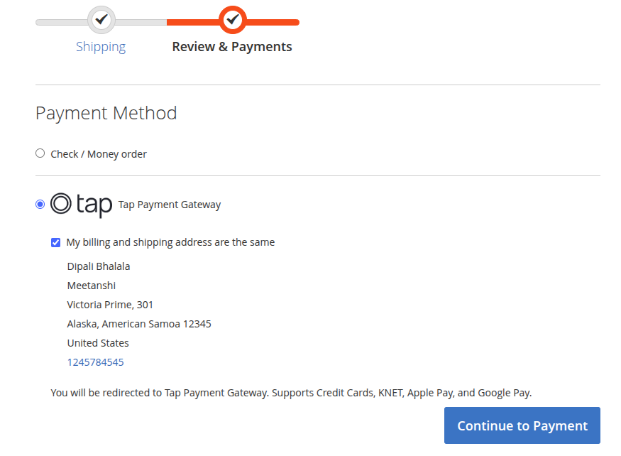 Tap Frontend Checkout