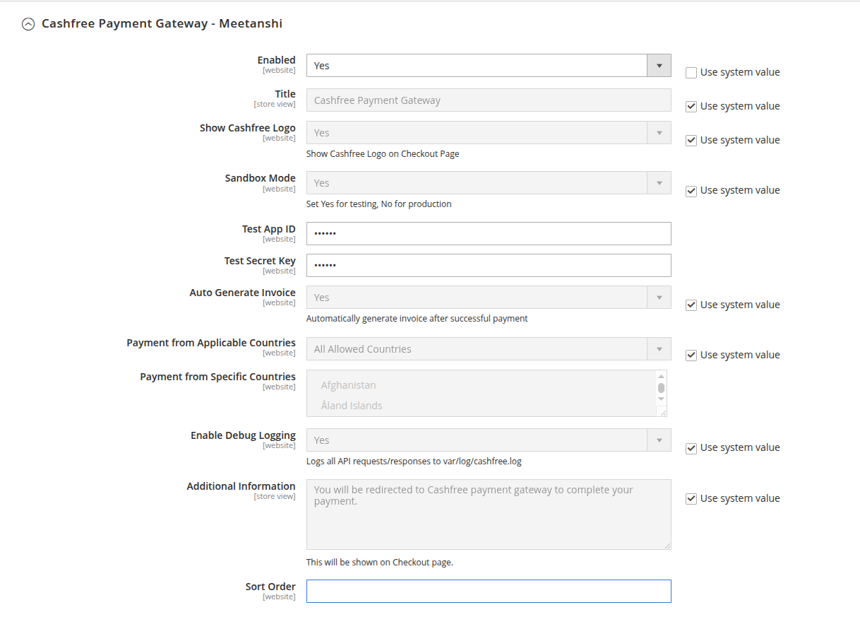 cashfree configuration setting