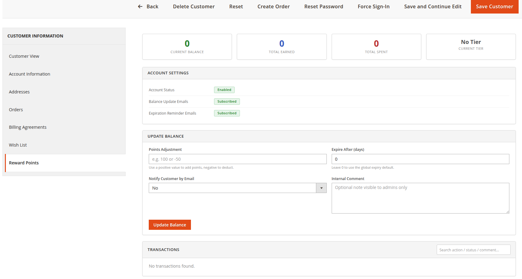 Reward Points Tab in Admin Customer Edit