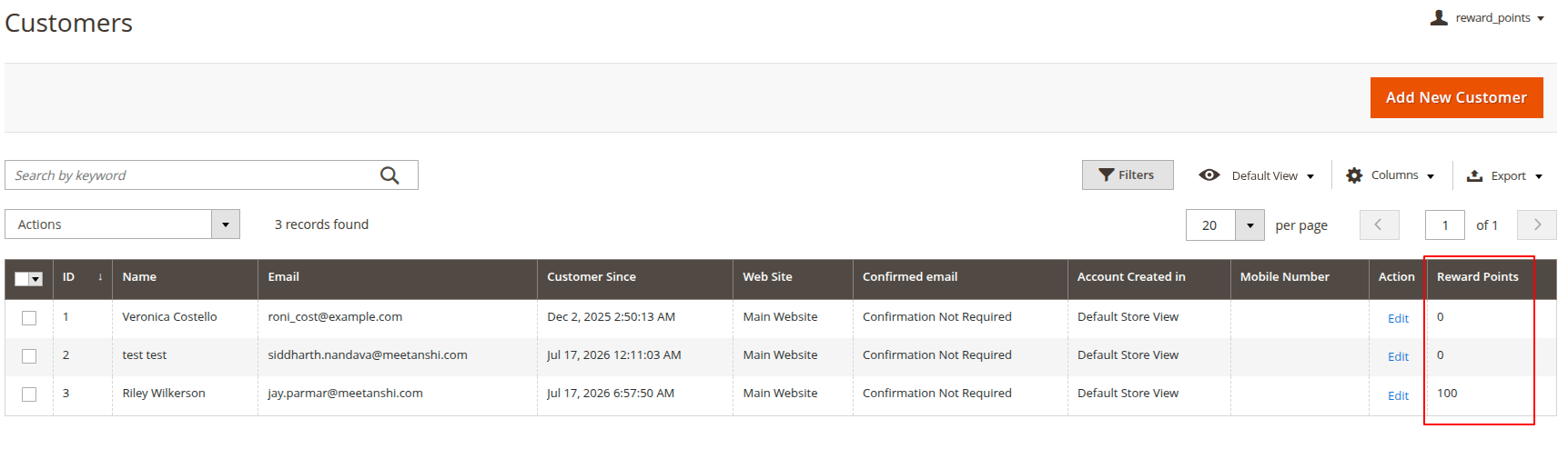 Reward Points Column in Customer Grid