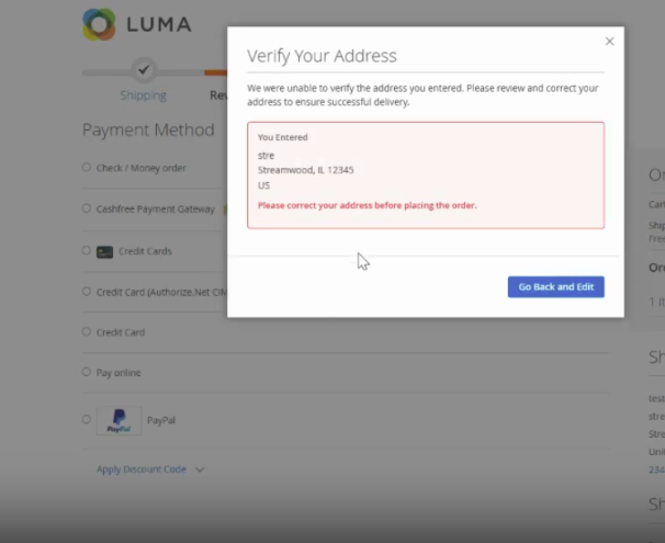 Address verification at checkout