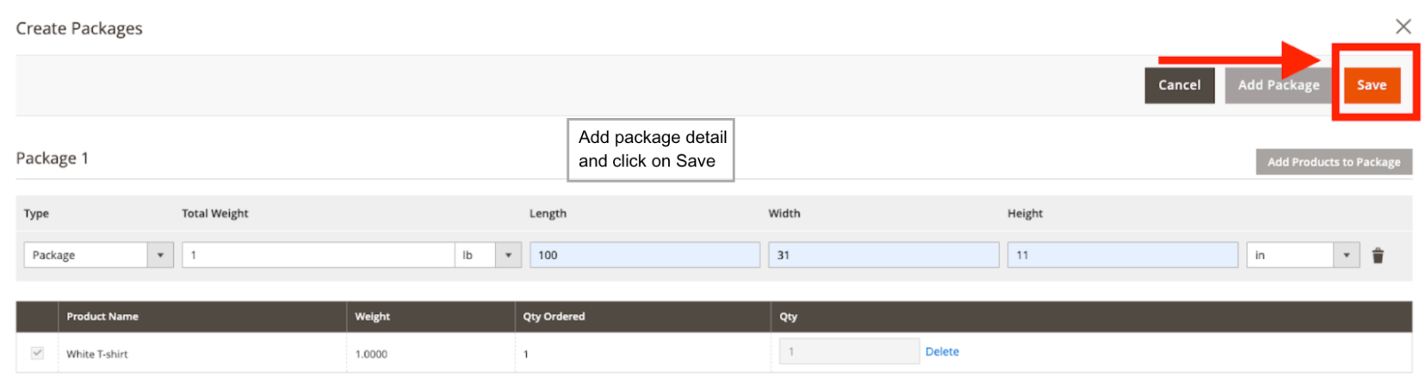 Magento Admin with creating package for the shipping