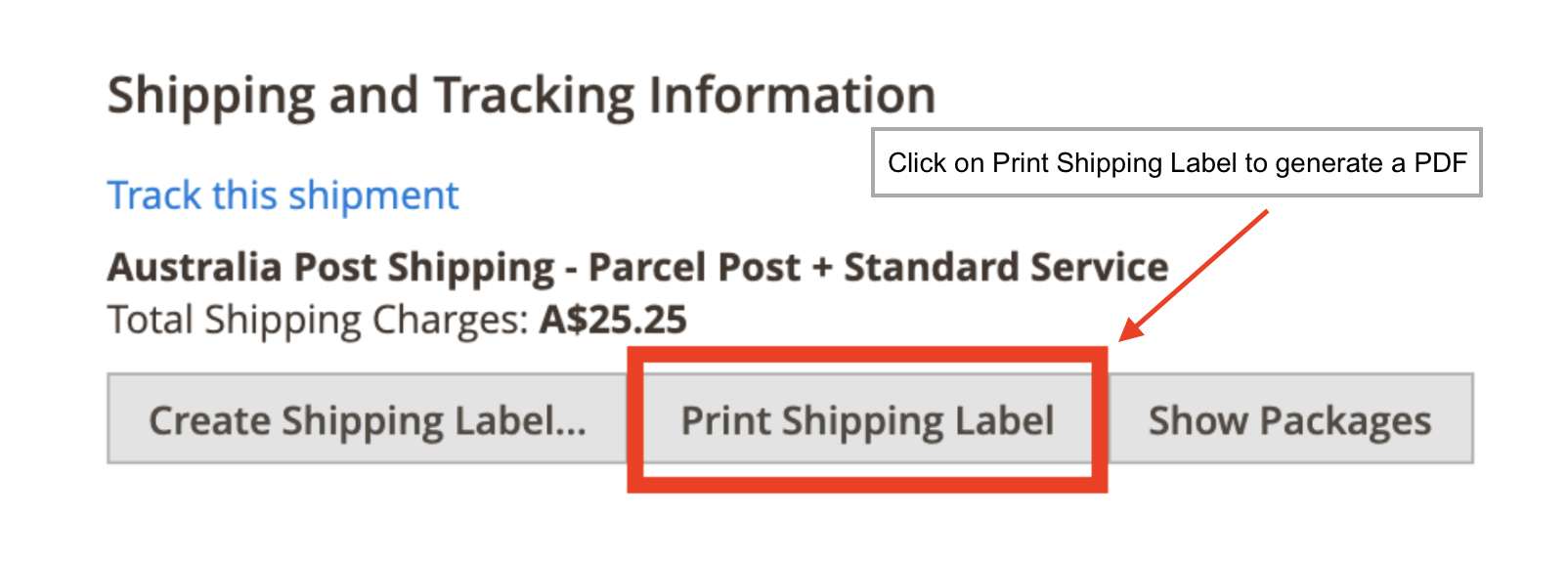 Magento admin screen shows button to print shipping label