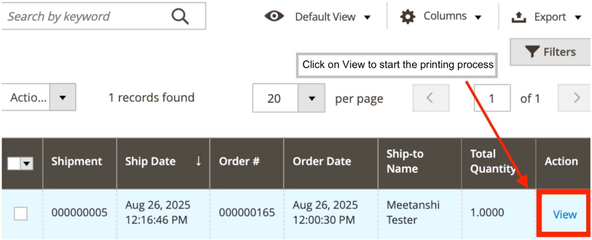 Magento admin screen shows view button to start printing shipping label