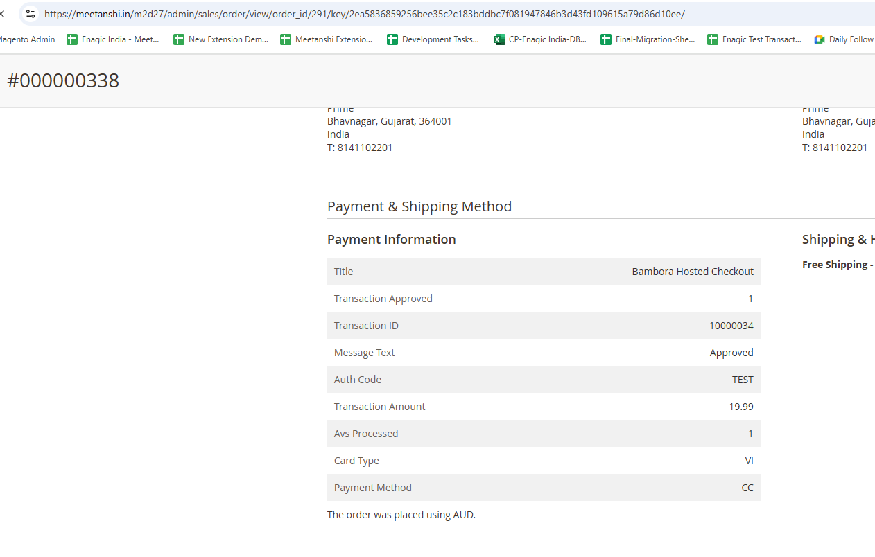 Payment Information section in admin order with payment proceed using Bambora Payment method