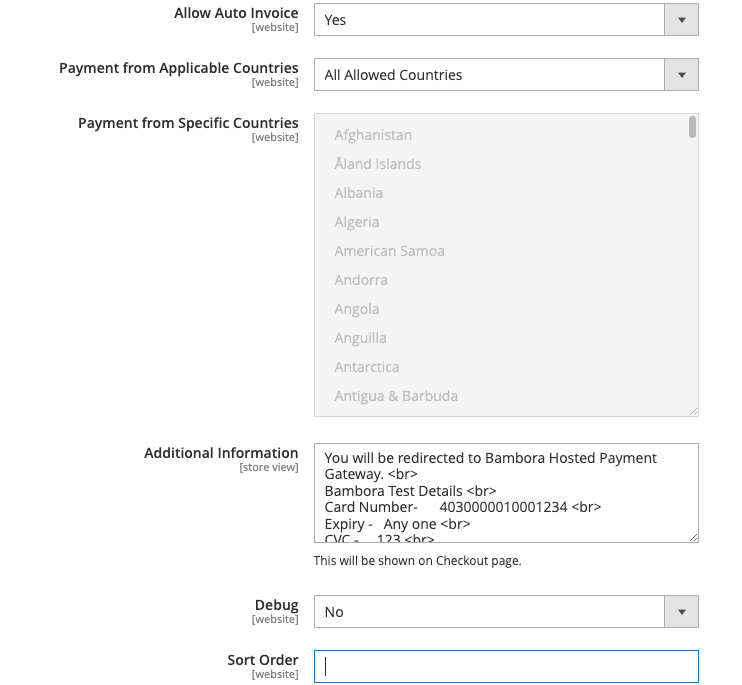 Bambora extension's additional features configuration