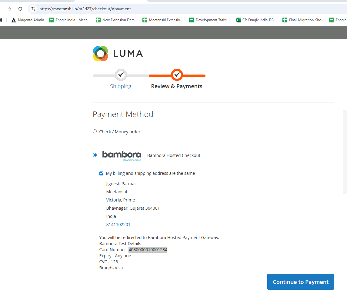Magento 2 checkout page with Bambora payment method option