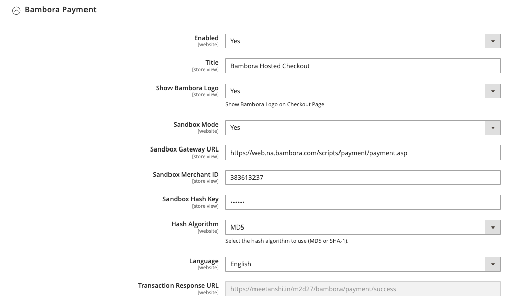 Bambora extension configuration in Magento 2 admin screen