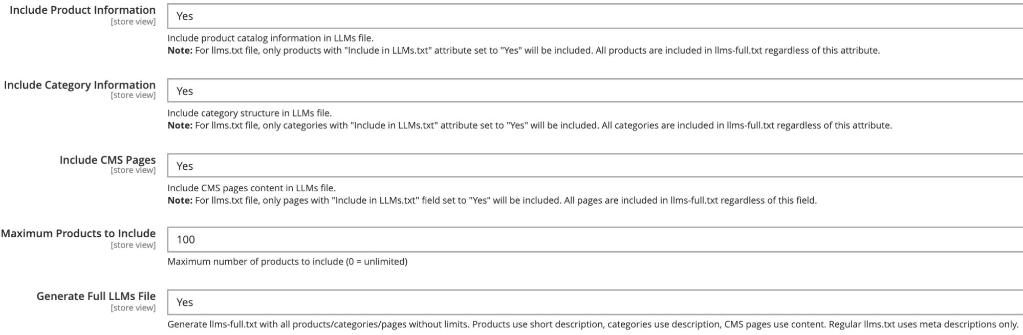 Content inclusion settings for products, categories, and CMS pages in Magento LLMs generator
