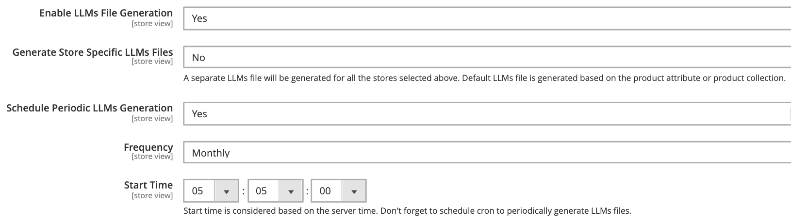 Magento admin configuration for LLMs file generation settings