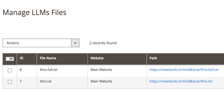 Manage llms.txt and llms-full.txt files grid in Magento admin