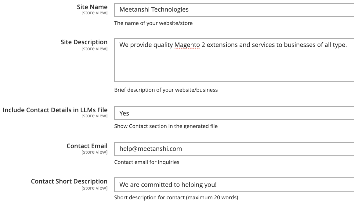Site name, description, and contact details configuration for llms.txt file in Magento