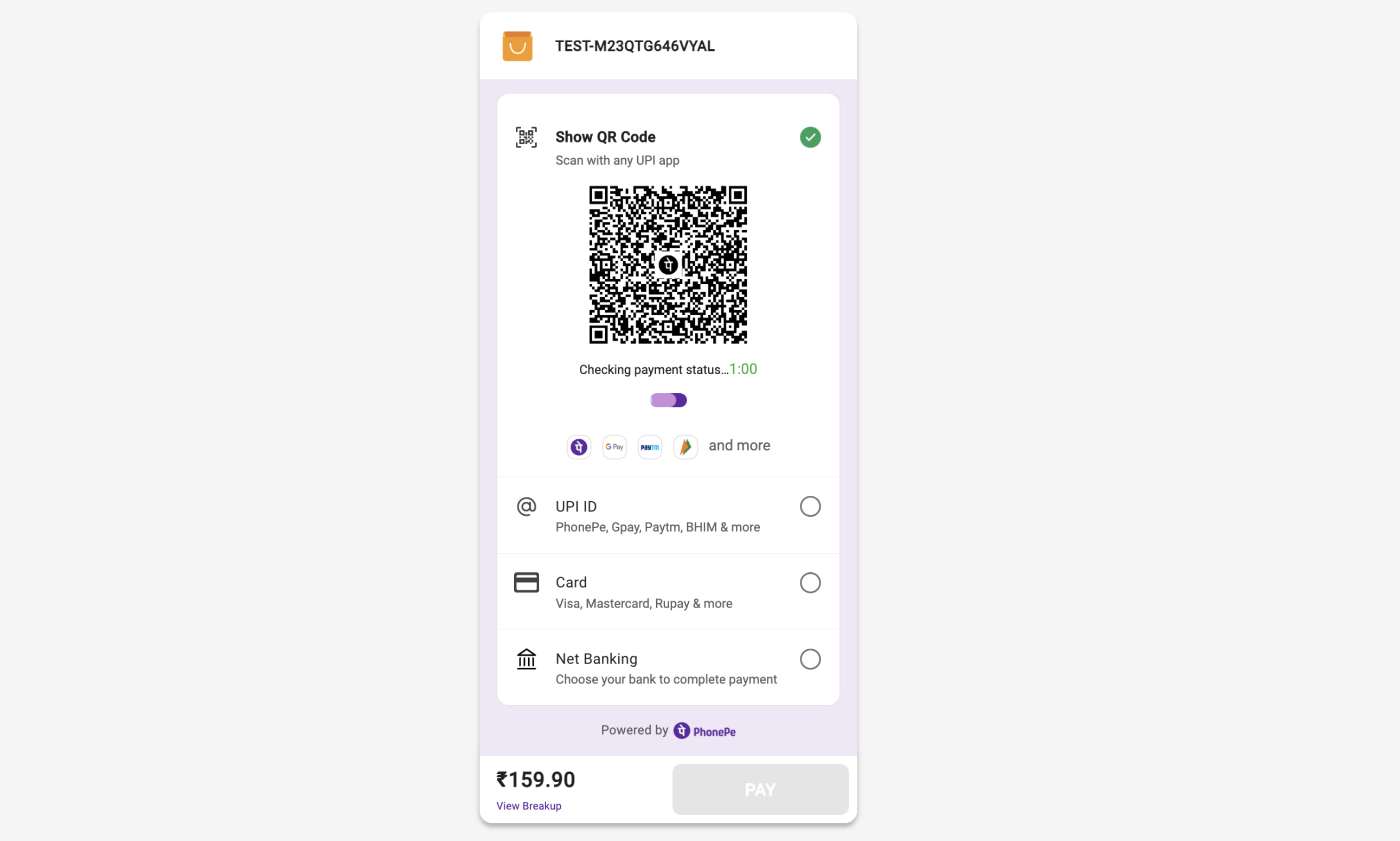 Customer gets redirected to PhonePe payment page