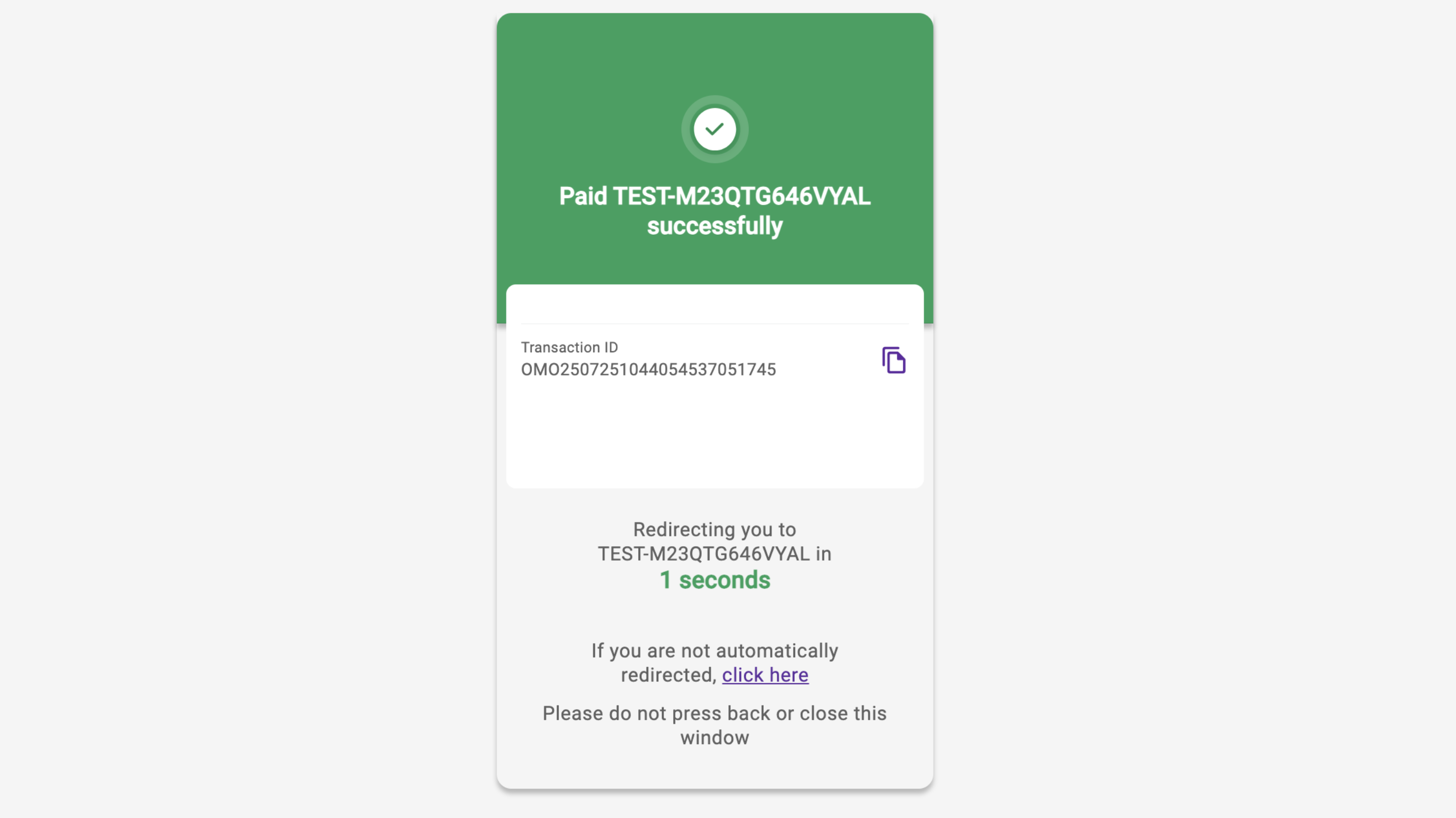 Payment success message on PhonePe hosted page