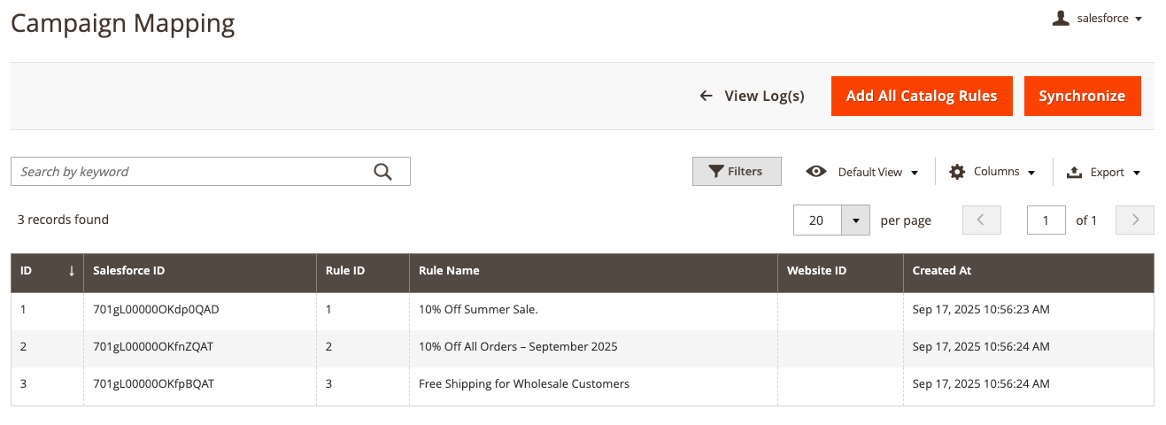 Magento 2 Salesforce Campaign Mapping Grid