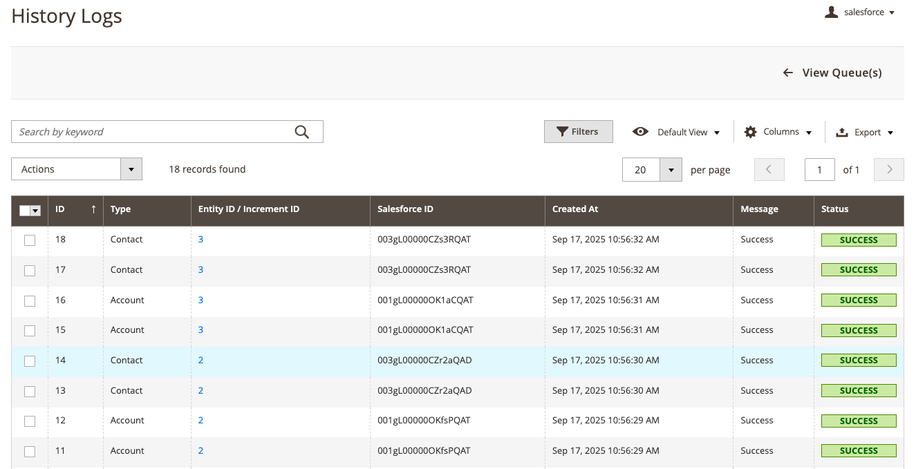Magento 2 Salesforce History Logs View