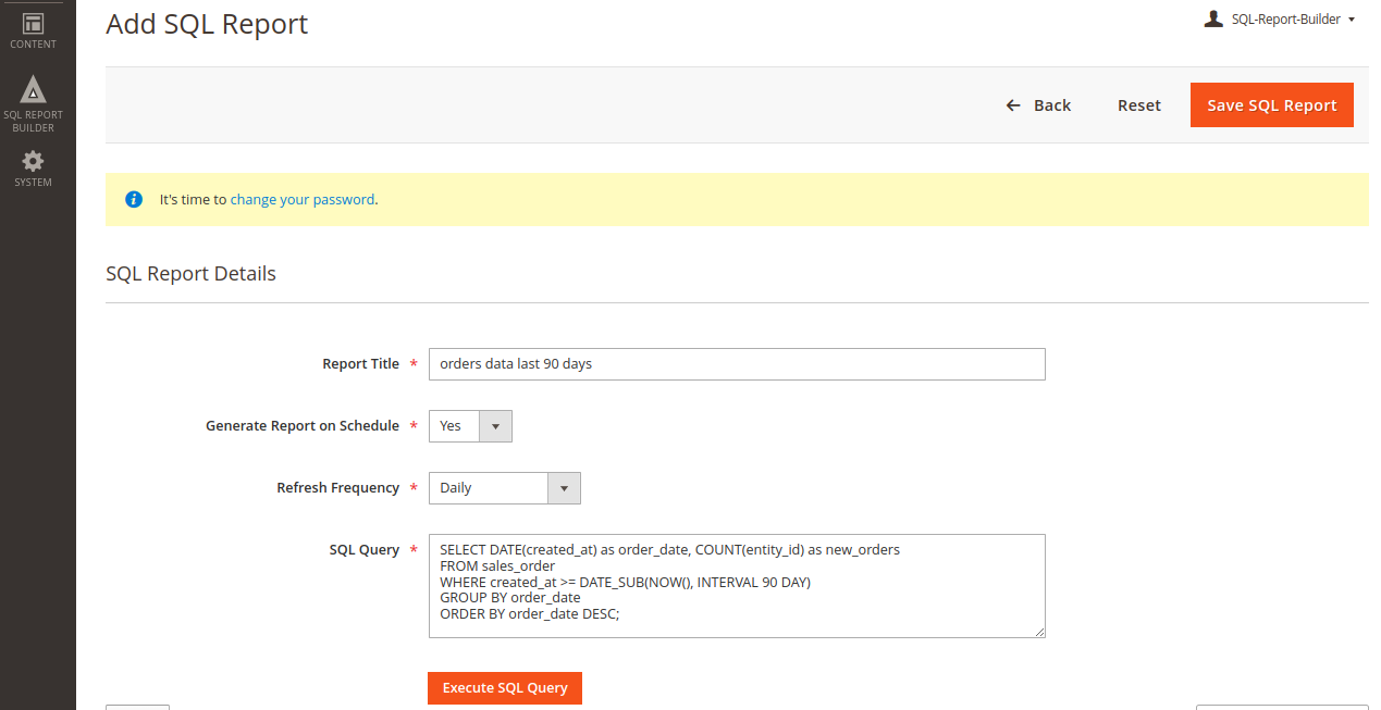 Screenshot showing daily, weekly, monthly, etc sql query: enter a custom sql query that you want to execute to generate the required report click the execute sql query button to generate the report