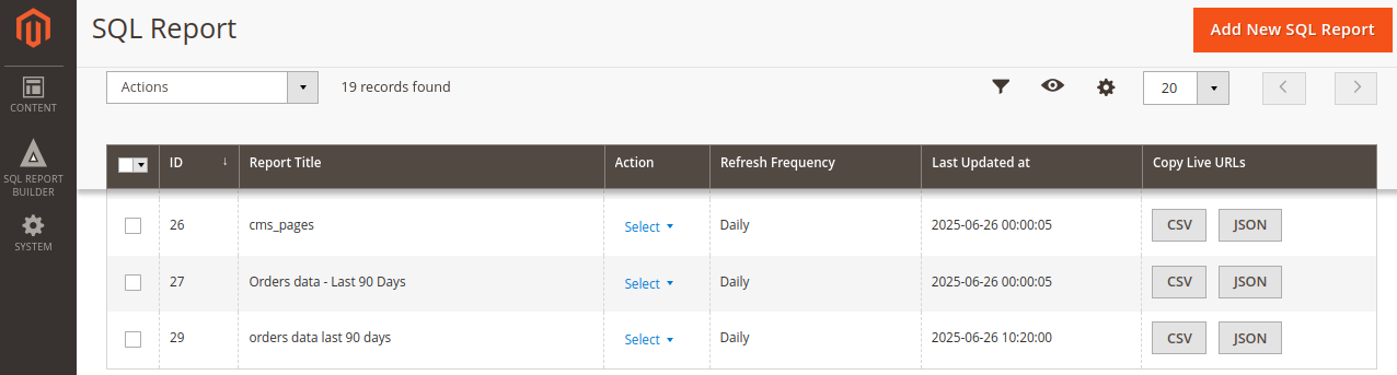 Screenshot showing and json url in the dashboard