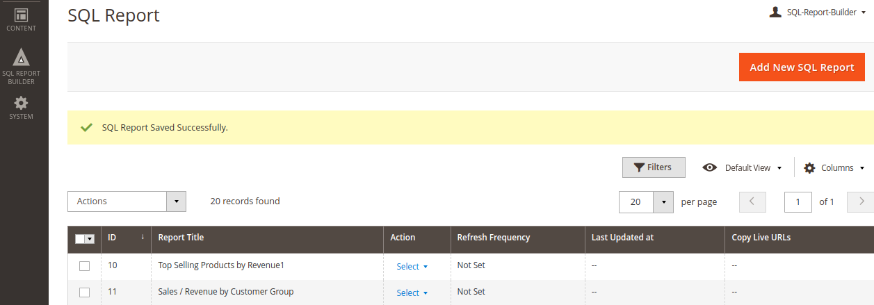 Screenshot showing he save sql report button on the top-right corner to access the report in the future