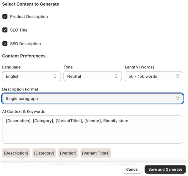 Generate AI Content for Products