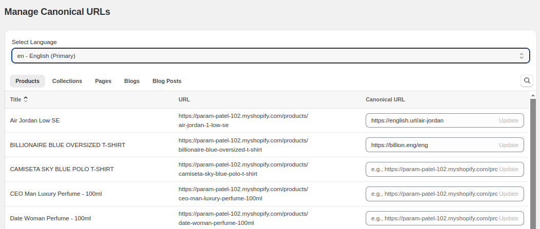 manage canonical URLs via Shopify app