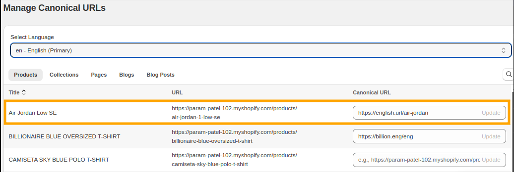 example of adding canonical URLs for a page in admin