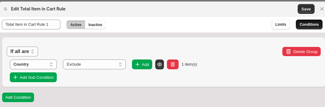 Total Items Rule Conditions Setup
