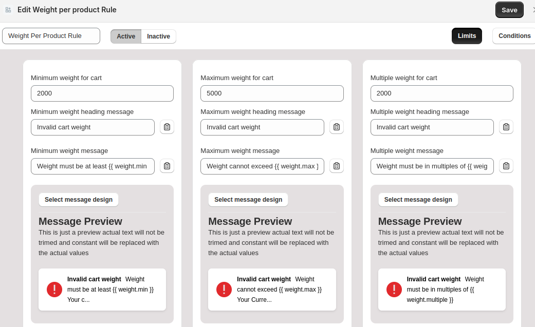 Weight Rule Limits Setup