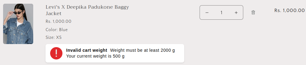 Shopify Cart Minimum Weight Message