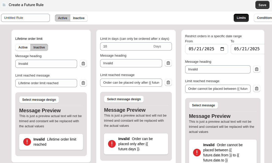 Future Rule Limits Setup