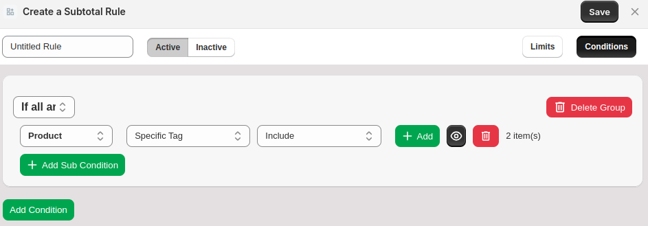 Subtotal Rule Conditions Setup