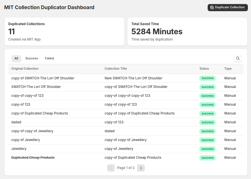 Collection duplicator dashboard in Shopify
