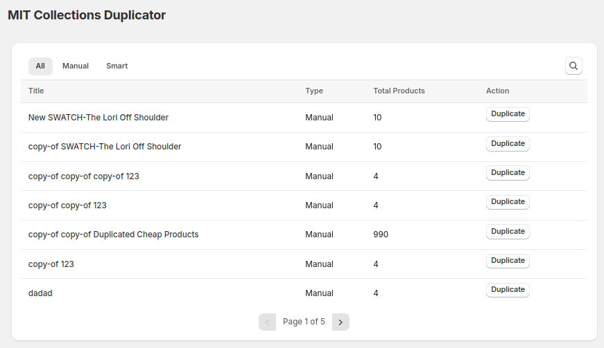 Collection duplicator option with list of existing collections in app